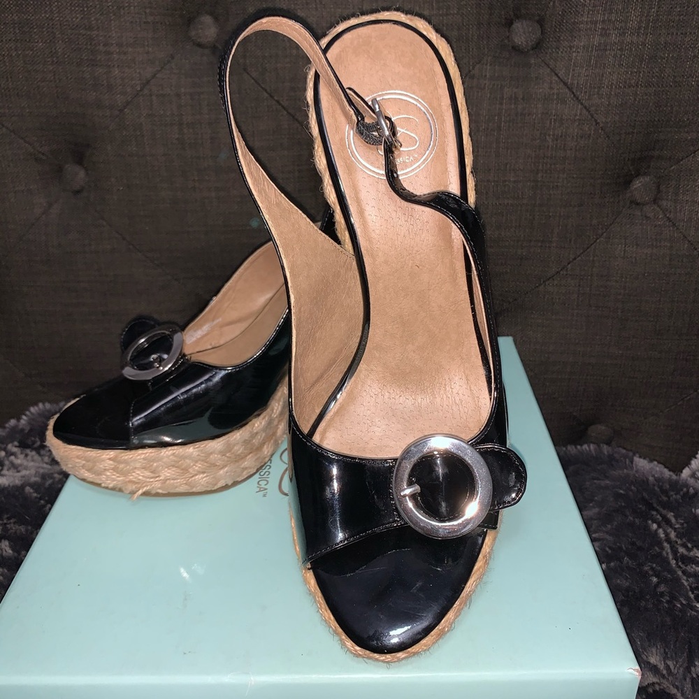 Jessica Simpson black patent leather wedges